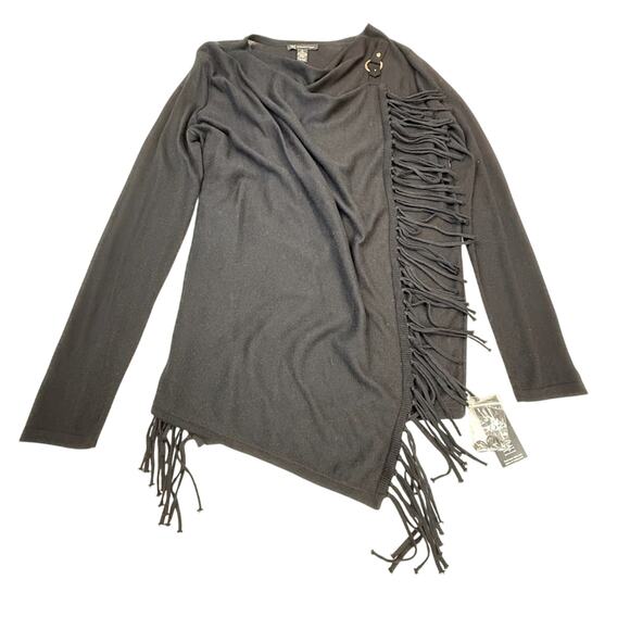 NWT INC Black Fringe Shawl Drape Front Top Long Sleeve Shoulder Buckle - Picture 4 of 16
